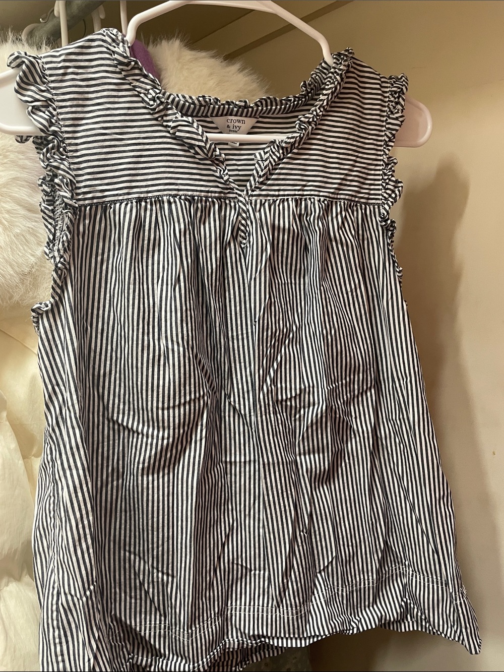 crown & ivy Black and White Striped Ruffle Tank Top